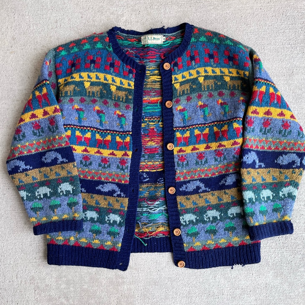 Vintage 90s LLbean wool chunky knit animal bird elephant cardigan sweater retro - Picture 7 of 9